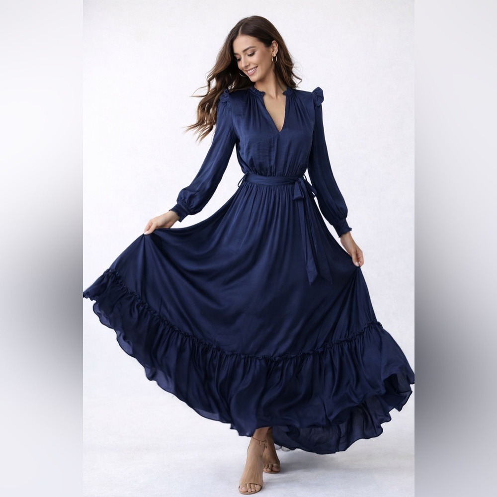 Aqua Satin Dress Women XS Navy Blue Maxi Dress‎ Long Sleeve Ruffle Tie